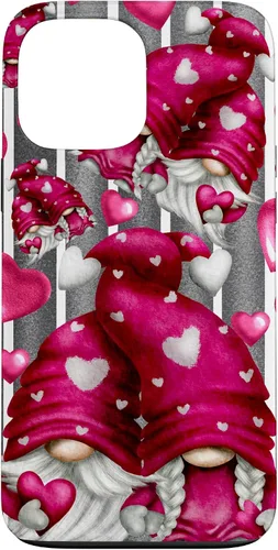 Vista 24 de Pink Heart Pattern On Grey Striped Decor Valentine Gnome Case for iPhone 17