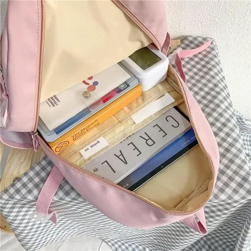 Vista 5 de Mochila escolar Kawaii para adolescentes y niñas, estética para el regreso a clases, linda y adorable con pin Kawaii y bonito accesorio, Blanco, L