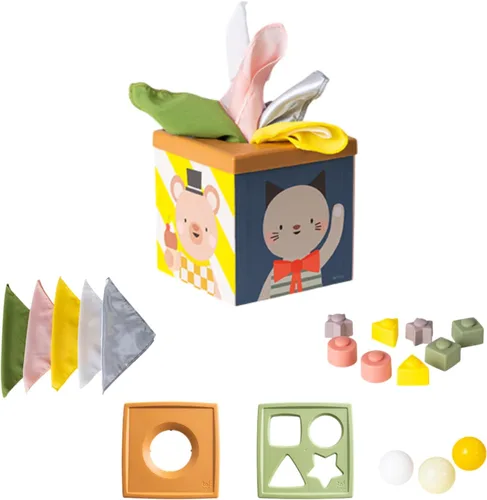 Vista 14 de Taf Toys Caja de pañuelos para bebé con conejito emergente - Actividad sensorial Montessori con 10 pañuelos de tela para el desarrollo motor fino