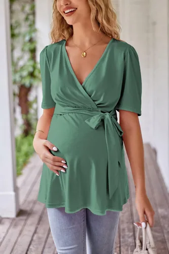 Vista 7 de LAISHEN Camisas de maternidad para mujer, manga corta, con lazo frontal, para maternidad