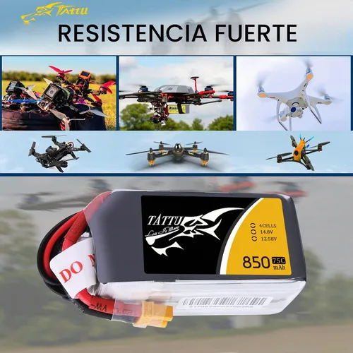 Vista 5 de Tattu Paquete de batería LiPo de 14.8V 4S 75C 850mAh con enchufe XT30 para multirotor FPV de tamaño 100 a 180 Owl Racing Quadcopter