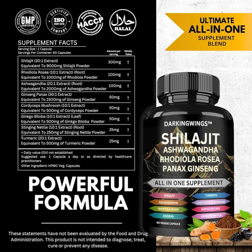 Vista 2 de 8 en 1 Shilajit 9000 Panax Ginseng 1500 MG Ashwagandha 2000 MG Rhodiola Rosea 1000MG, cúrcuma 500 MG, Gingko Biloba 500 mg, ortiga escozante 250 MG
