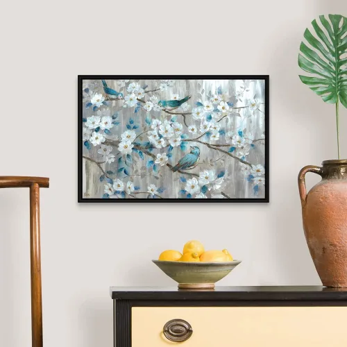 Vista 4 de Lienzo decorativo con marco flotante, diseño de pájaros verde azulado