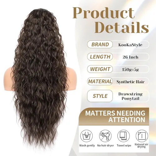 Vista 3 de KooKaStyle Extensión de cola de caballo con cordón de 26 pulgadas (66 cm) para mujeres, extensiones de cabello sintético rizado largo para uso