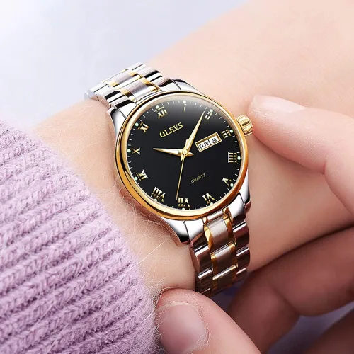 Vista 2 de OLEVS Reloj de lujo de acero inoxidable para mujer reloj de pulsera pequeño con fecha de día reloj analógico clásico de cuarzo para mujer pulsera