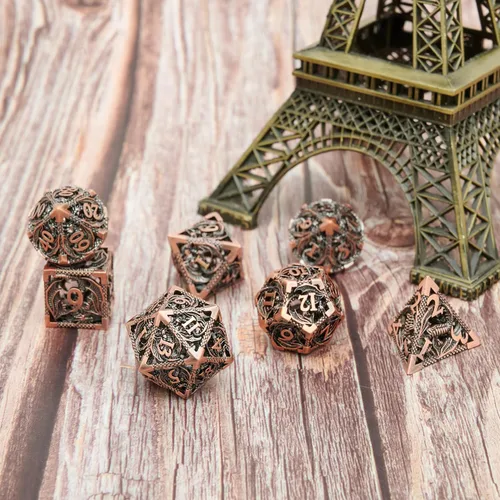 Vista 7 de Juego de dados de metal hueco poliédrico dragón volador 2 juegos para Calabozos y Dragones RPG MTG Juegos de mesa D&D Pathfinder Shadowrun