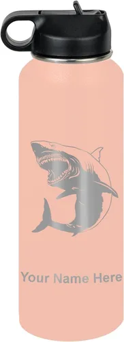 Vista 61 de LaserGram Botella de agua personalizada, gran tiburón blanco, acero inoxidable de doble pared aislada al vacío con popote superior, regalo grabado