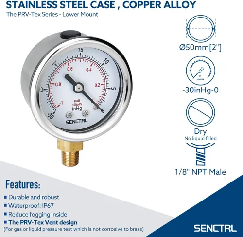 Vista 2 de SENCTRL - Medidor de presión de vacío de 30inHg, esfera de 2", NPT de 1/8, montaje inferior, estuche de acero inoxidable, resistente al agua