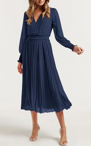 Vista 2 de PRETTYGARDEN Vestidos cruzados con cuello en V para mujer, para invitados de boda, casual, plisado, manga larga, vestido largo fruncido con volantes