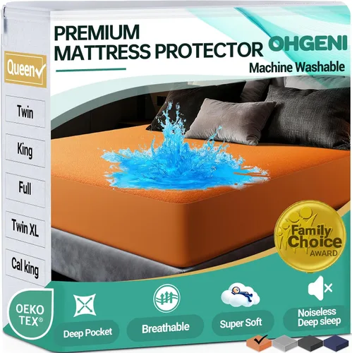Vista 8 de OhGeni - Protector de colchón impermeable, tamaño Queen, con bolsillo profundo de 6 a 18 pulgadas, transpirable, sin ruido, suave, lavable, a prueba