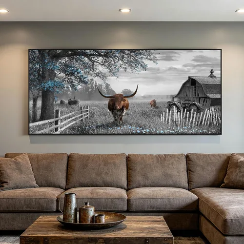 Vista 8 de yiijeah Decoración de pared occidental – Arte de pared rústico de 3 piezas de árbol azul y vaca marrón – Arte de pared blanco y negro para paredes