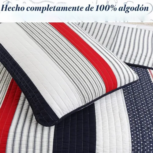 Vista 2 de Cozy Line Home Fashions Juego de ropa de cama acolchado reversible de 100% algodón con rayas azul marino y rojas, estrella patriótica para niño