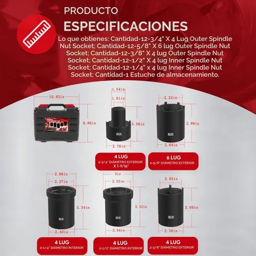 Vista 6 de Kit de herramientas de enchufe de tuerca de husillo, 5 piezas de eje de bloqueo de tuerca de bloqueo de eje conjunto de 1/2 pulgada para Ford Dana