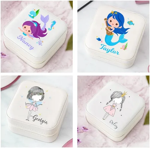 Vista 3 de Joyero de unicornio con diseño de sirena para niñas, caja de joyería con nombre personalizado para niña, caja de almacenamiento de joyas
