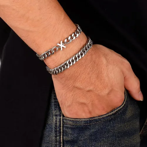 Vista 2 de Ritach Initial Bracelets for Men Silver, 2PCS Stainless Steel Cuban Chain Link Initial Bracelets for Mens Bracelet Set Letter A-Z Bracelets for Men