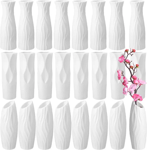 Vista 7 de Mimorou 24 jarrones de plástico compuesto, aspecto de cerámica, decorativo, blanco, irrompible, jarrones de plástico para centros de mesa de flores