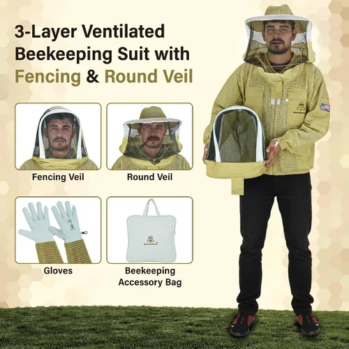 Vista 2 de 3-Layer Ventilated Mesh Bee Jacket for Men & Women with Veils Sting-Proof Beekeeping Jacket with Leather Gloves & Bag