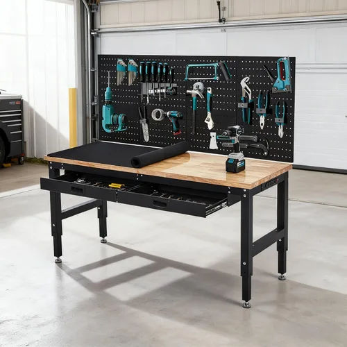 Vista 2 de Mesa de trabajo ajustable de 60 pulgadas, banco de trabajo de madera de goma de 3000 libras, mesa de trabajo resistente con 2 cajones y tablero