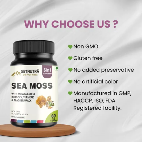 Vista 5 de Musgo marino 6 en 1 Super Blend Ashwagandha bardana cúrcuma y vejiga inmunidad y desintoxicación apoyo 60 cápsulas vegetales sin OMG sin gluten