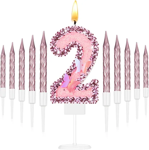 Vista 11 de Amylove Vela de cumpleaños número 0, decoración de pastel de mariposa con purpurina rosa con 10 velas delgadas, decoraciones de cumpleaños número 0