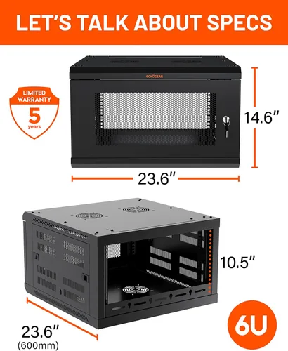 Vista 9 de ECHOGEAR 6U Rack de Red - Kit de Rack de Pared Montado en la Pared Incluye 2X Estantes de 1U, Ventilador Premontado, Puerta con Cerradura y Hardware