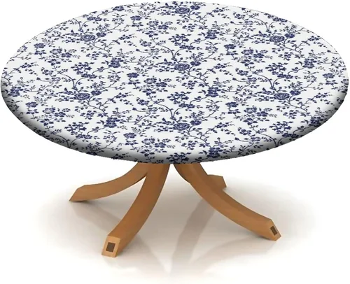 Vista 104 de Mantel redondo ajustable con borde elástico floral azul, mantel con borde elástico de estilo floral pastoral, almohadilla de mesa de poliéster