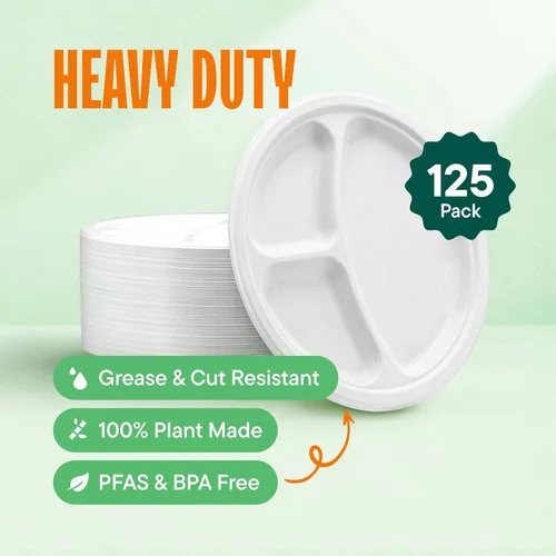 Vista 2 de Platos de papel desechables 100% compostables, 3 compartimentos [10 pulgadas] [paquete de 125] bandejas seccionales para almuerzo + divisores