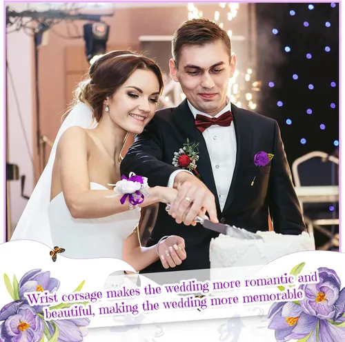 Vista 5 de Tigeen Juego de 24 ramilletes de muñeca y boutonniere para hombre, ramillete de muñeca de boda, flor de mano para madre de novia, novia, decoración