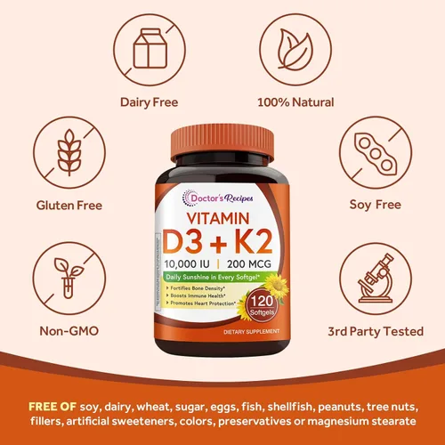 Vista 5 de Doctor's Recipes Vitamina D3 K2, 10,000 UI, 200 mcg, MK-7, fuerte densidad ósea, dientes, inmune, apoyo cardíaco, energía, absorción de calcio, sin