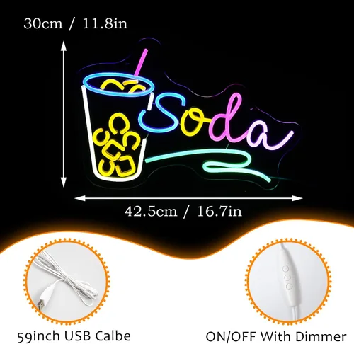 Vista 4 de Letrero de neón de Soda con luz LED, señal de neón regulable para cócteles para decoración de pared 42,4 cm X 30 cm, señal de neón para bar