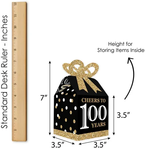 Vista 6 de Big Dot of Happiness Cajas de regalo para fiesta de cumpleaños número 100, elegante diseño cuadrado dorado con lazo 3D, suministros de fiesta