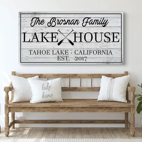 Vista 13 de TAILORED CANVASES Letrero personalizado de casa del lago, decoración rústica grande, listo para colgar, lienzo para pared, para el hogar, sala