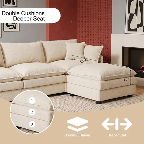 Vista 4 de Sofá modular modular de chenilla Cloud de 102 pulgadas con otomana Beige