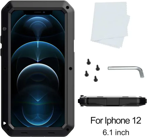 Vista 7 de Funda protectora de cuerpo completo para iPhone 12, resistente a los golpes, funda de metal de aleación de aluminio con protector de pantalla Negro