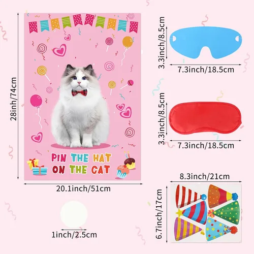 Vista 2 de Juego de fiesta de Hooqict Pin The Hat On The Cat para gatos, juegos de fiesta de cumpleaños de gato para niños, suministros de fiesta de cumpleaños