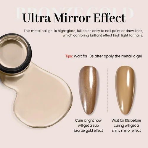 Vista 4 de RARJSM Esmalte de uñas de gel con pintura metálica oro bronce cromo 3D, efecto espejo reflectante brillante, gel de dibujo metálico pintado, 8 ml