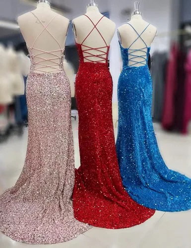 Vista 4 de DFDG Vestidos de fiesta de lentejuelas con tirantes delgados sexy para jóvenes con abertura, sirena sin espalda, vestidos formales, color azul, 10