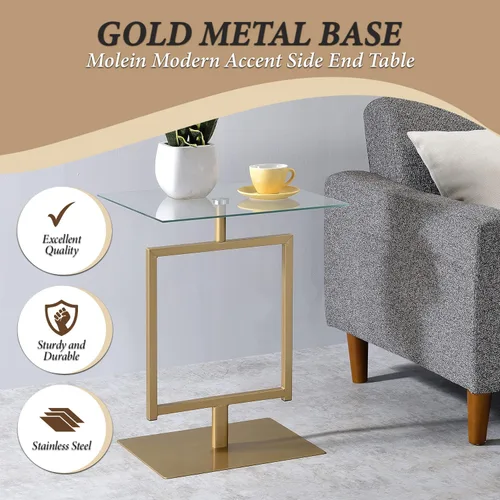 Vista 3 de Kings Brand Furniture Molein - Mesa auxiliar, base de metal dorado con parte superior de vidrio templado, moderna mesa rectangular con pedestal