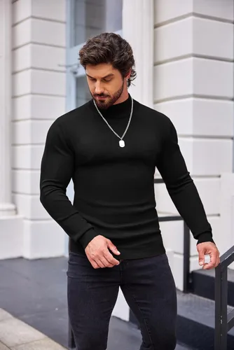 Vista 2 de COOFANDY Suéter de cuello alto falso para hombre, ajuste delgado, informal, básico, suéter térmico de punto 01-Negro
