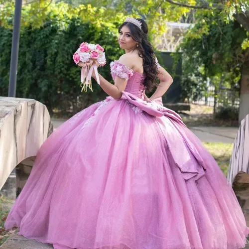 Vista 5 de Mauuwy Vestidos de quinceañera de tul de lujo, vestido de baile hinchado brillante dulce 16 vestidos florales fuera del hombro vestido de graduación