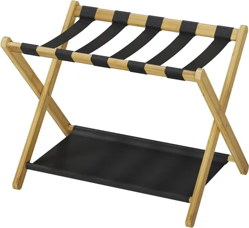 Vista 11 de Smart FENDEE Portaequipajes, portaequipajes plegable para habitación de invitados, soporte de maleta de bambú marrón con capacidad para hasta 131