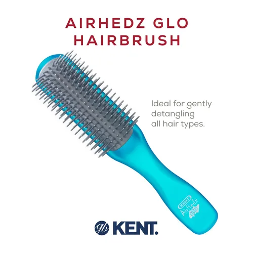 Vista 3 de Kent AHGLO01 Airhedz Glo Blue Cepillo de pelo desenredante estrecho medio redondo – 9 filas iónico antiestático no rayado largo cerdas de nailon
