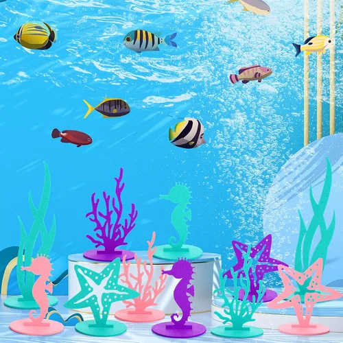 Vista 4 de Prasacco 22 piezas de decoraciones de cumpleaños de sirena, centro de mesa de fieltro, decoración de fiesta bajo el mar, caballito de mar, algas
