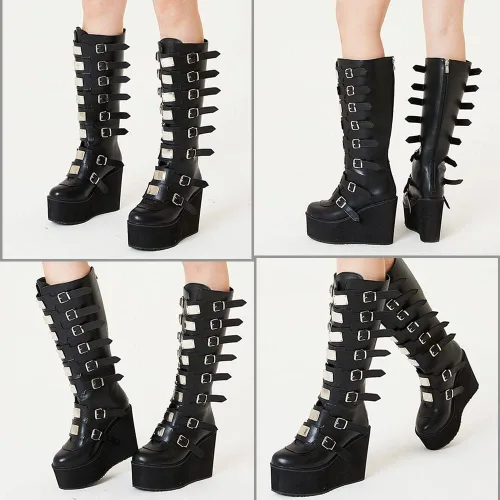 Vista 3 de AOSPHIRAYLIAN Botas góticas hasta la rodilla para mujer, tacón alto, para motocicleta, punk, combate, plataforma