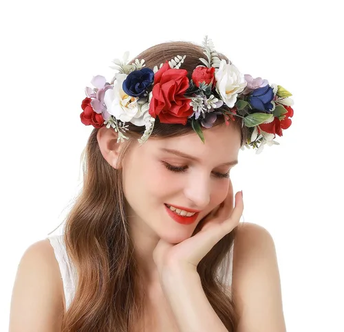 Vista 3 de Vivivalue Diadema ajustable de flores, corona de flores, corona para el cabello, diadema floral Halo Boho con cinta, fotos de fiesta de boda