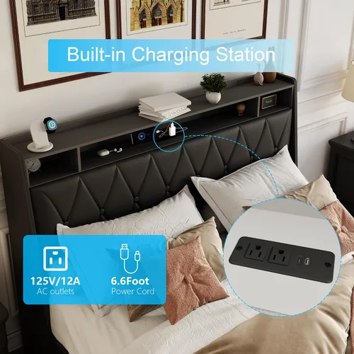 Vista 4 de Base de cama Queen con cabecera ergonómica, base de cama de plataforma tamaño Queen con tomas de corriente y cargador, marco de cama de metal