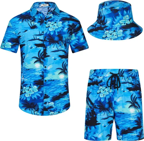 Vista 24 de EISHOPEER Conjunto hawaiano de flores para hombre, camisa de manga corta y pantalones cortos, trajes con sombreros de pescador