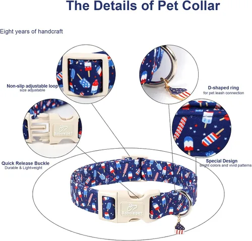 Vista 454 de Collar para perros del 4 de julio, collares patrióticos azules para cachorros y perros pequeños, ligero y ajustable 1776 collares para cachorros
