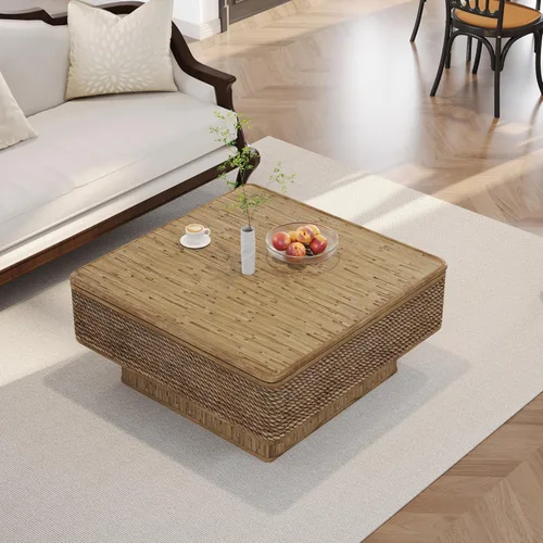 Vista 5 de Mesa auxiliar cuadrada de 31.52 pulgadas con almacenamiento, ratán natural y cuerda de cáñamo, función ajustable, mesa central vintage de granja
