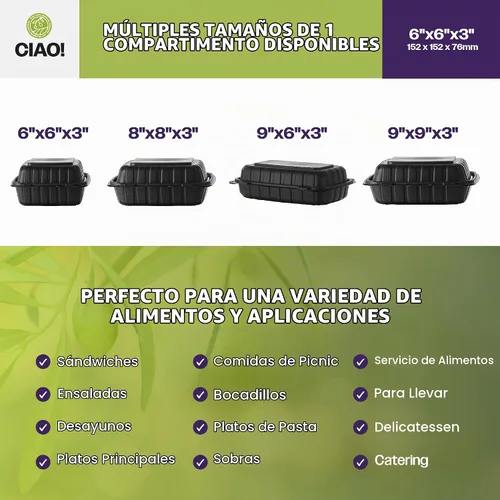 Vista 5 de CIAO! Contenedor negro con bisagras MFPP de 6"x6"x3" con tapa, 1 compartimento (caja de 300)